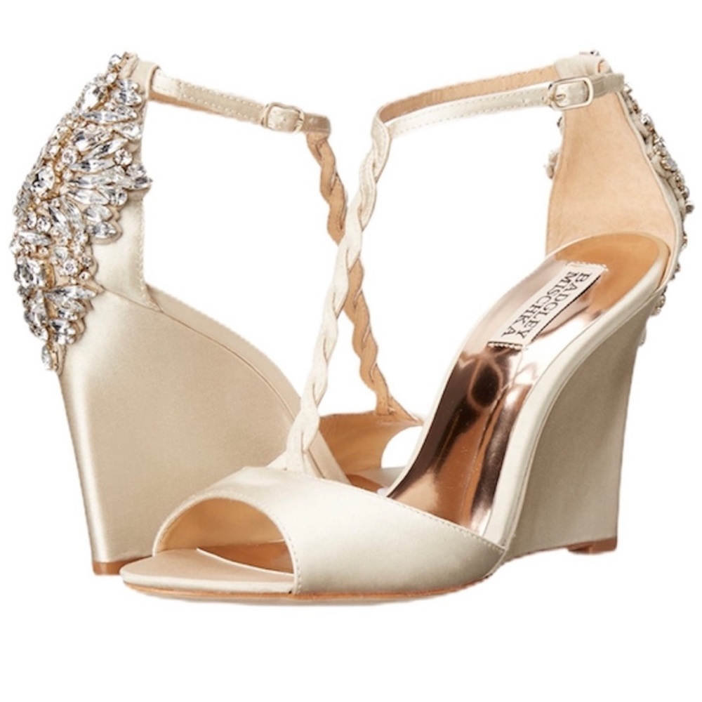 BADGLEY MISCHKA Camryn Ivory Satin Crystal Heels
